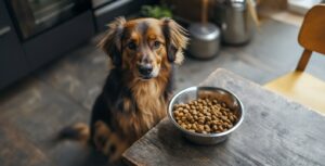 Hond met verse hondenbrokken in zn bak